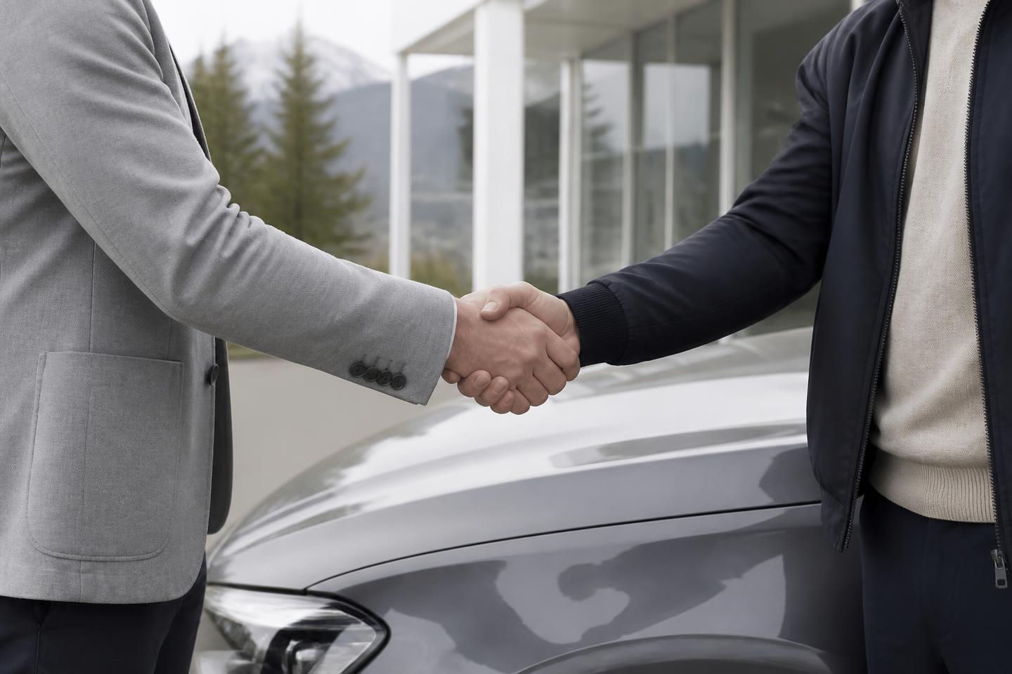 Two people shaking hands over the bonnet of a car outside a dealership